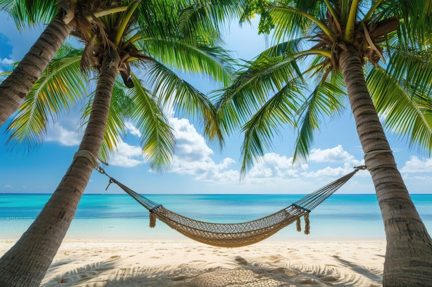 Una foto di un'amaca tra due palme su una spiaggia con il cielo blu e l'oceano sullo sfondo Una scena tranquilla di un'ammaca legata tra due alberi di cocco su una spiagna incontaminata Generata dall'IA