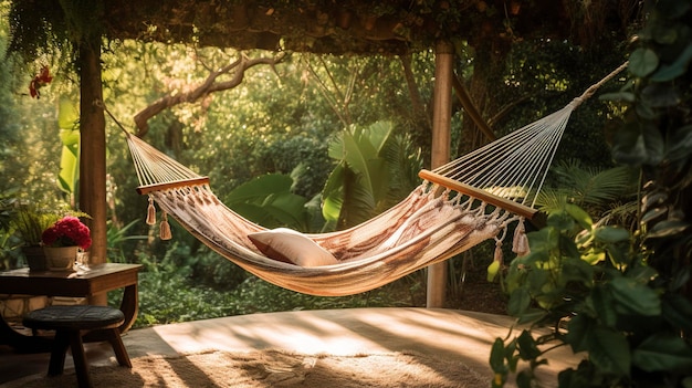 Una foto di un'angolo di amaca rilassante in un giardino tranquillo