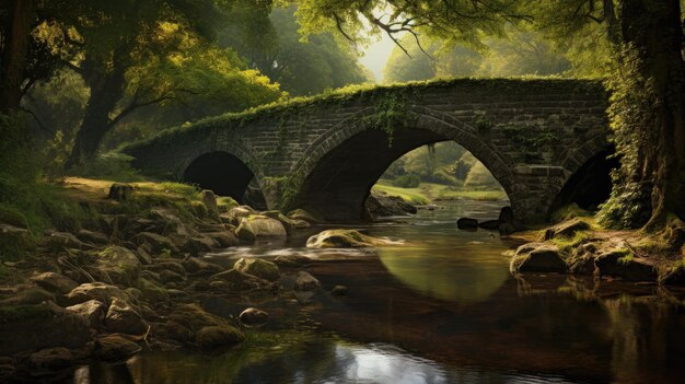 Una foto di un antico ponte di pietra un fiume tranquillo sullo sfondo