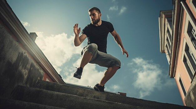 Una foto di un atleta di parkour in azione