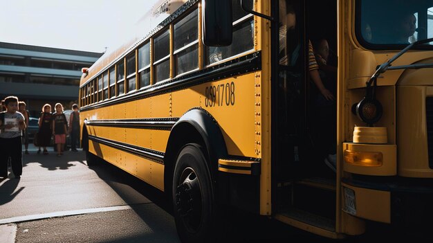 Una foto di un autobus scolastico con bambini che saliscono o scendono