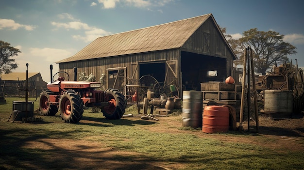 Una foto di un'azienda agricola rurale con vari tipi di attrezzature