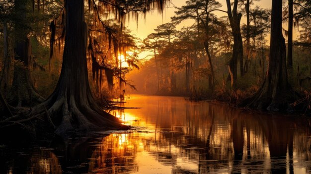 Una foto di un bayou con un gruppo di ginocchia di cipresso calda luce del tramonto