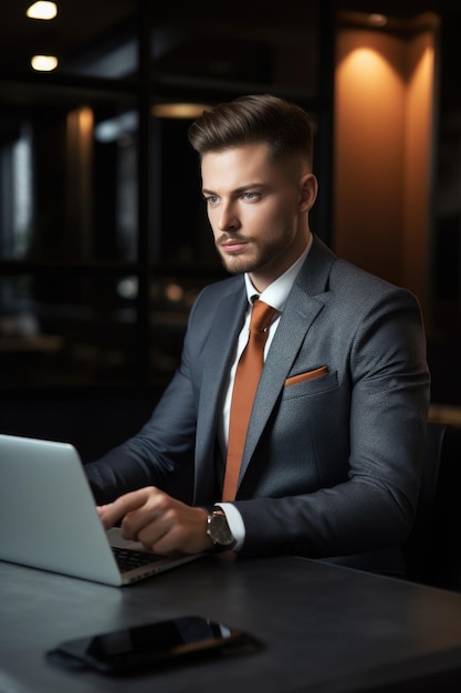 Una foto di un bel giovane uomo d'affari che usa il suo portatile al lavoro