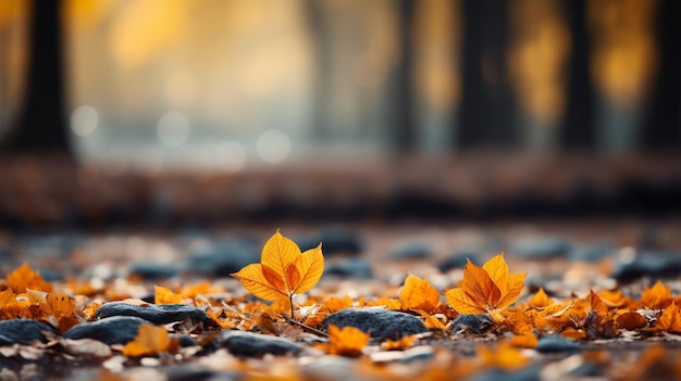 Una foto di un bellissimo paesaggio forestale autunnale con una cartolina di foglie gialle autunnali