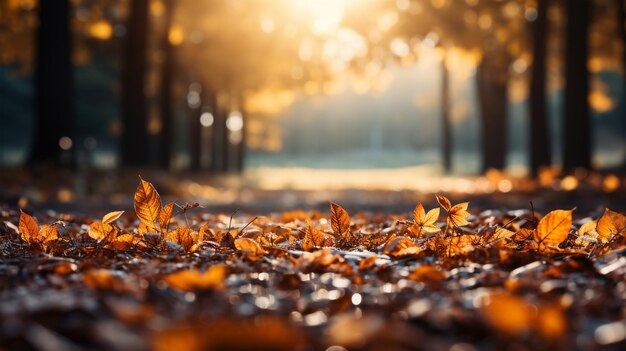 Una foto di un bellissimo paesaggio forestale autunnale con una cartolina di foglie gialle autunnali