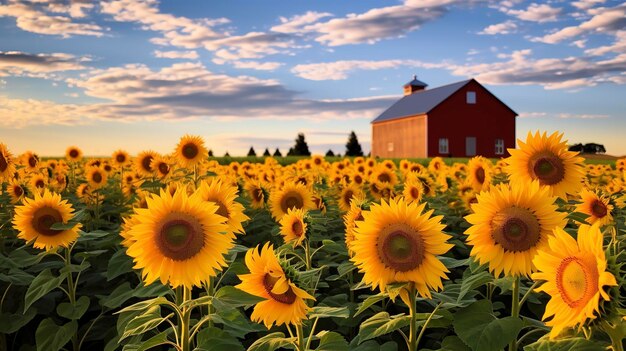 Una foto di un campo di girasoli in piena fioritura in una fattoria