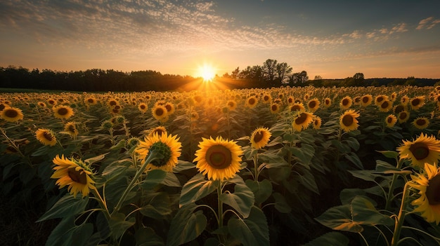 Una foto di un campo di girasoli vibranti rivolto verso il cielo