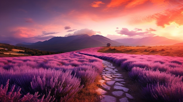 Una foto di un campo di lavanda con un sentiero di pietra montagne lontane