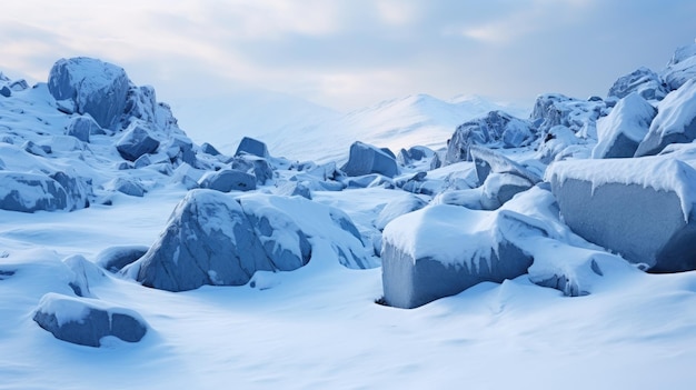 Una foto di un campo di massi di granito, montagne coperte di neve.