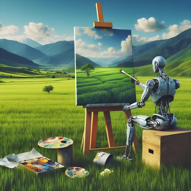 Una foto di un campo verde dove un robot metallico umanoide sta dipingendo un dipinto a olio su una tela