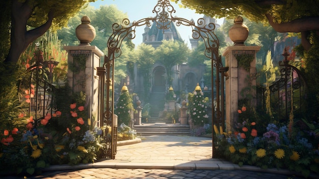 Una foto di un cancello con giardino e sculture