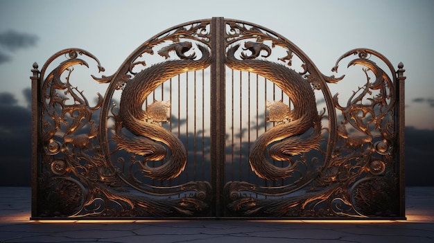 Una foto di un cancello con sullo sfondo un giardino artistico