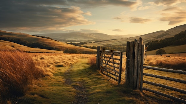Una foto di un cancello di legno che conduce a un pascolo di colline lontane
