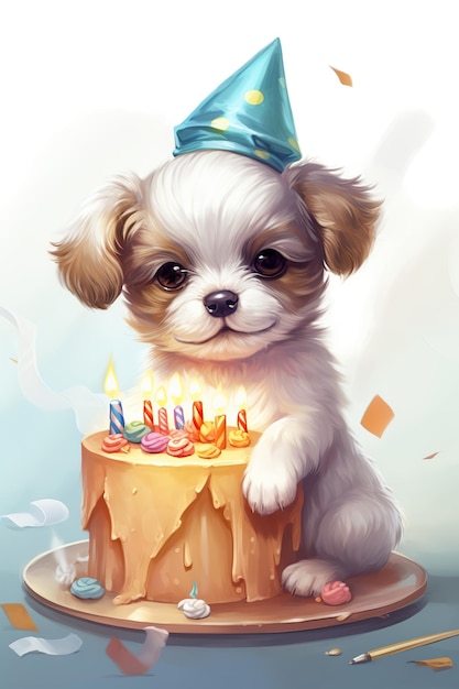 una foto di un cane bambino con una torta di compleanno