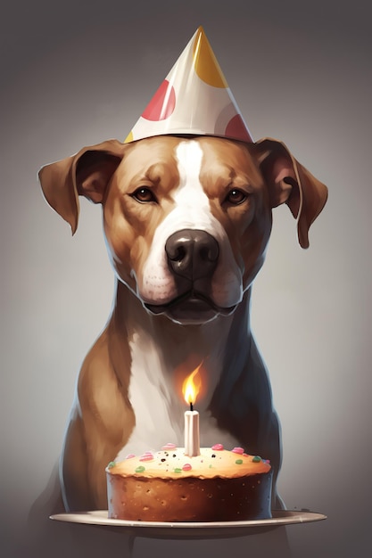 una foto di un cane con una torta di compleanno