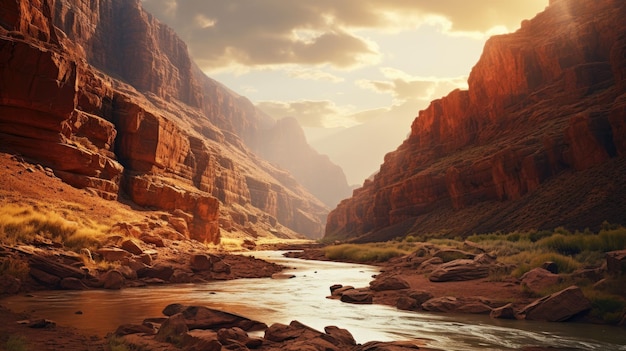 Una foto di un canyon con un fiume tortuoso alla luce del sole caldo