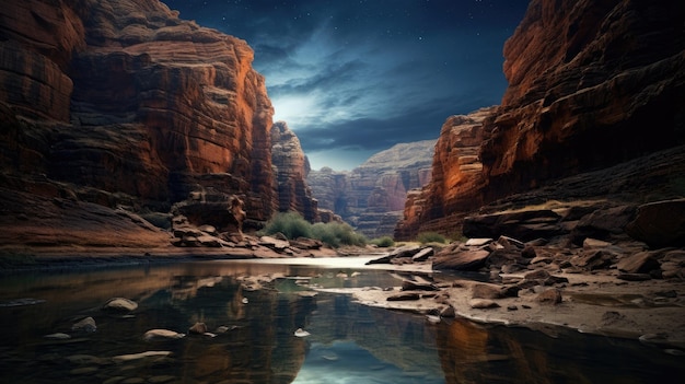 Una foto di un canyon con una notte stellata sullo sfondo di scogliere aspre