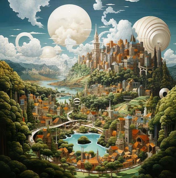 Una foto di un castello con un lago e un grande pallone nel cielo illustrazione Pittura
