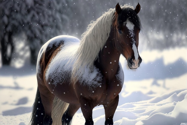 Una foto di un cavallo in piedi nella neve che sembra adorabile