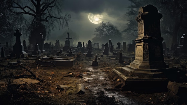 Una foto di un cimitero infestato con lapidi in rovina al chiaro di luna inquietante