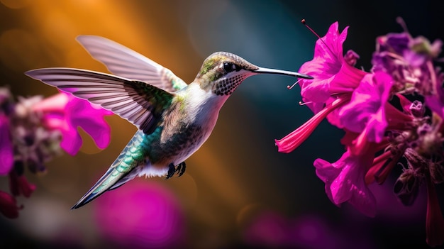 una foto di un colibrì magenta che aleggia vicino a fiori colorati