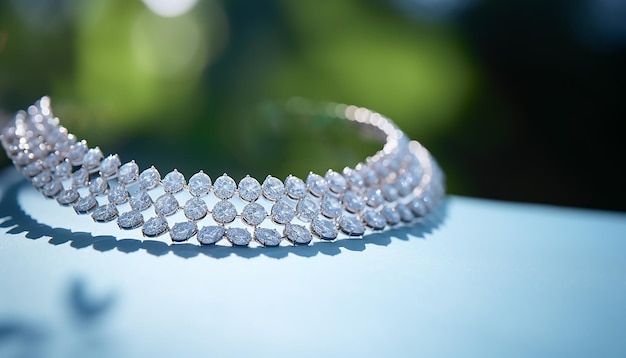 Una foto di un collo bianco che indossa una collana di diamanti di lusso