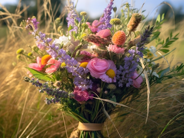 Una foto di un colorato bouquet di fiori in un ambiente naturale IA generativa