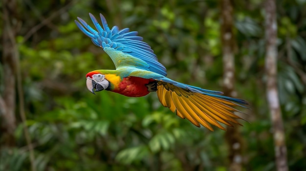 Una foto di un colorato macao in volo