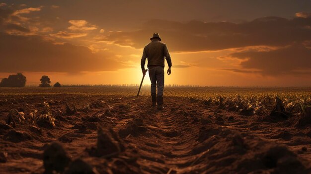 Una foto di un contadino che ispeziona un campo arato al tramonto