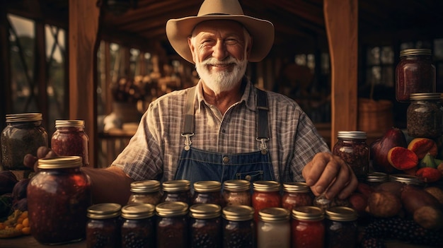 Una foto di un contadino che presenta le sue marmellate e conserve fatte in casa