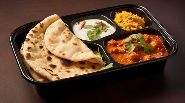 Una foto di un contenitore da asporto con curry indiano e pane naan