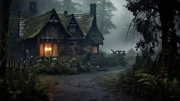 Una foto di un cottage di streghe con uno sfondo di foresta nebbiosa illuminazione mistica