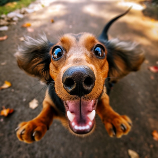 una foto di un Dachshund felice e eccitato che guarda