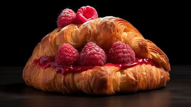 Una foto di un delizioso croissant riempito di lamponi