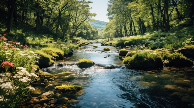 Una foto di un dolce ruscello che scorre attraverso una foresta