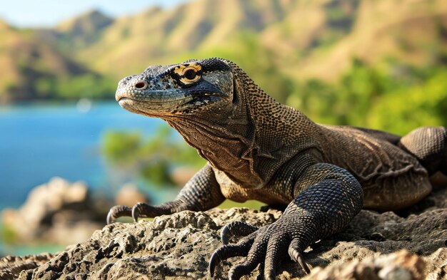 Una foto di un dragone di Komodo che si croge al sole tropicale su un affioramento roccioso