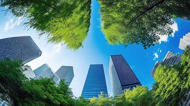 Una foto di un edificio con alberi in primo piano e un cielo azzurro con nuvole.