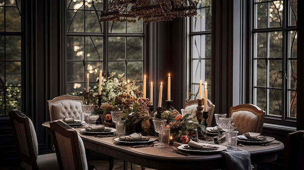 Una foto di un'elegante sala da pranzo con un lampadario e un tavolo formale