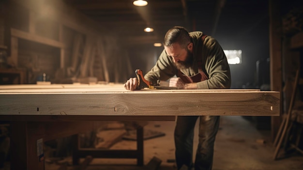 Una foto di un falegname che misura e taglia il legno per un progetto di ristrutturazione