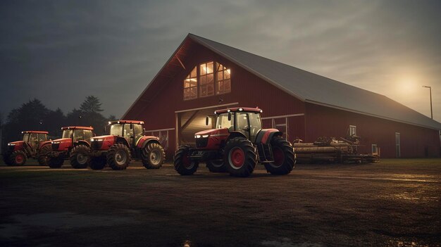 Una foto di un fienile con una fila di macchinari agricoli ben parcheggiati