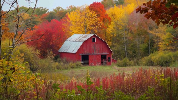 Una foto di un fienile rosso circondato da fogliame autunnale vibrante.