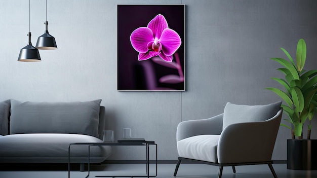 una foto di un fiore di orchidea magenta in un interno moderno