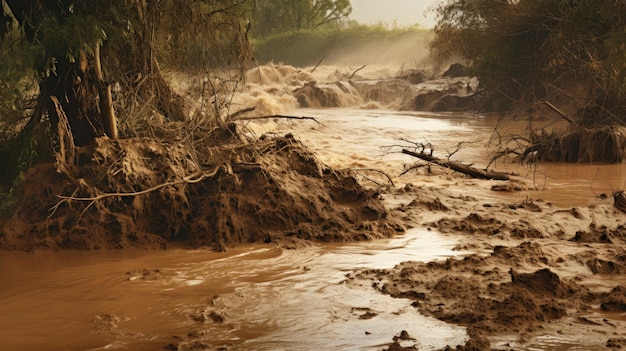 Una foto di un fiume fangoso che straripa dalle sue rive, con una luce morbida e diffusa