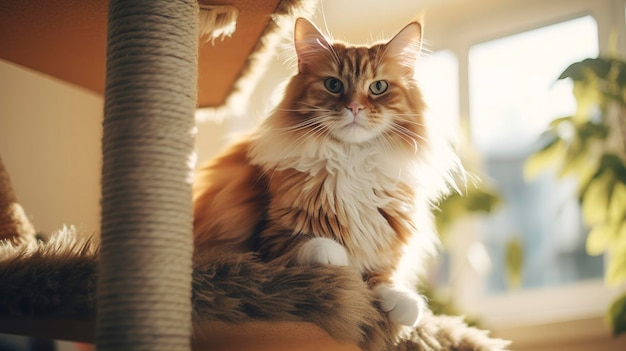 Una foto di un gatto che esplora un albero di gatti in un'area di imbarco