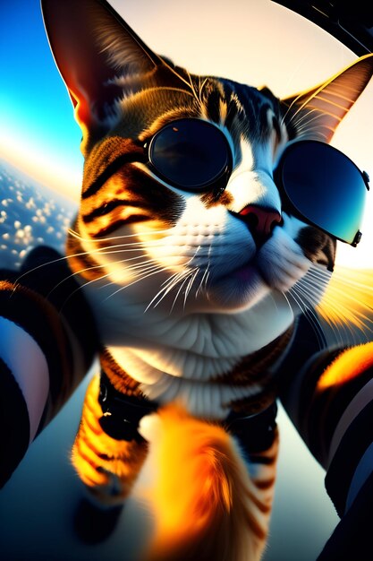 Una foto di un gatto che si fa un selfie mentre fa paracadutismo