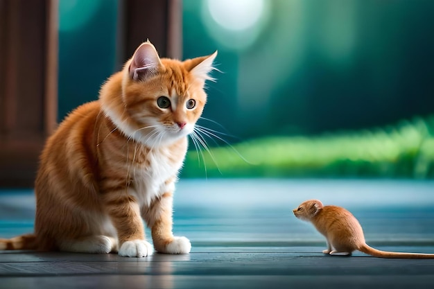 una foto di un gatto e un ratto che si guardano l'un l'altro