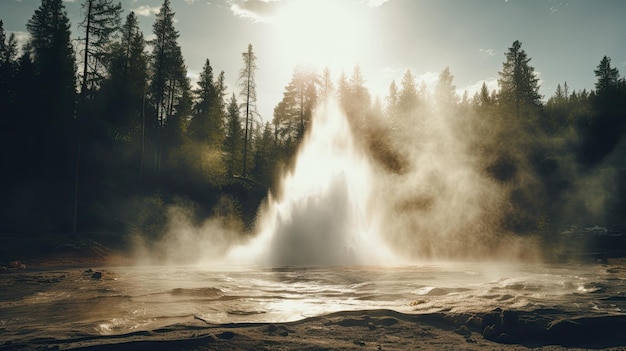 Una foto di un geyser nel Canada sullo sfondo della foresta boreale