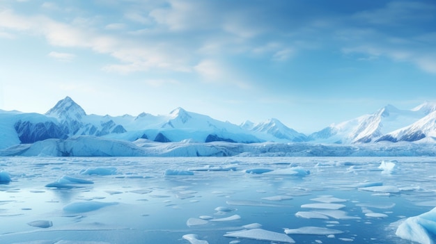 Una foto di un ghiacciaio nelle montagne innevate dell'Artico sullo sfondo