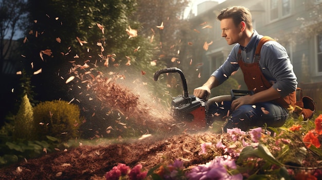 Una foto di un giardiniere che usa un soffiatore di foglie